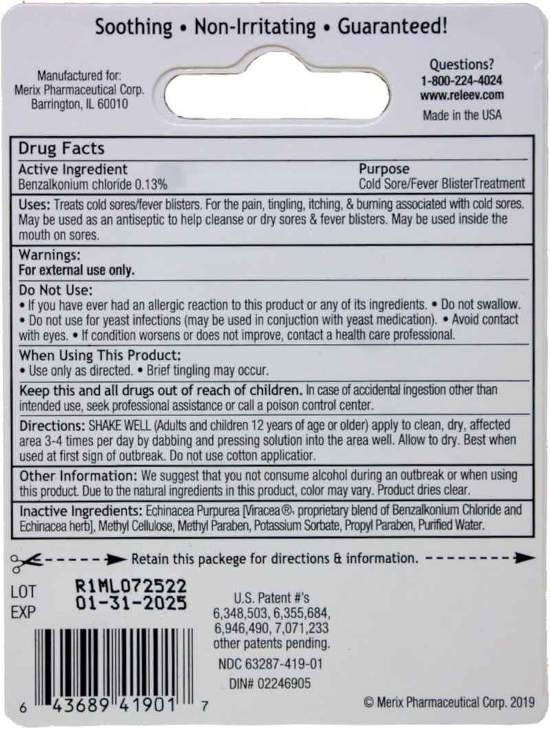 Releev 1 Day Cold Sore Symptom Relief, Soothing Non-Irritating Patented Viracea Formula, 1 ml (Pack of 3) - Image 3